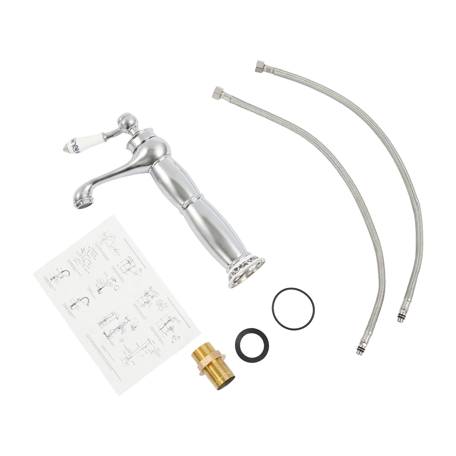 Solid Brass Silver Single-Handle Bathroom Faucet, Chrome-Plated Modern Deck Mount Basin Tap, 0.5-0.7MPa High-Pressure Cold/Hot Water Mixer