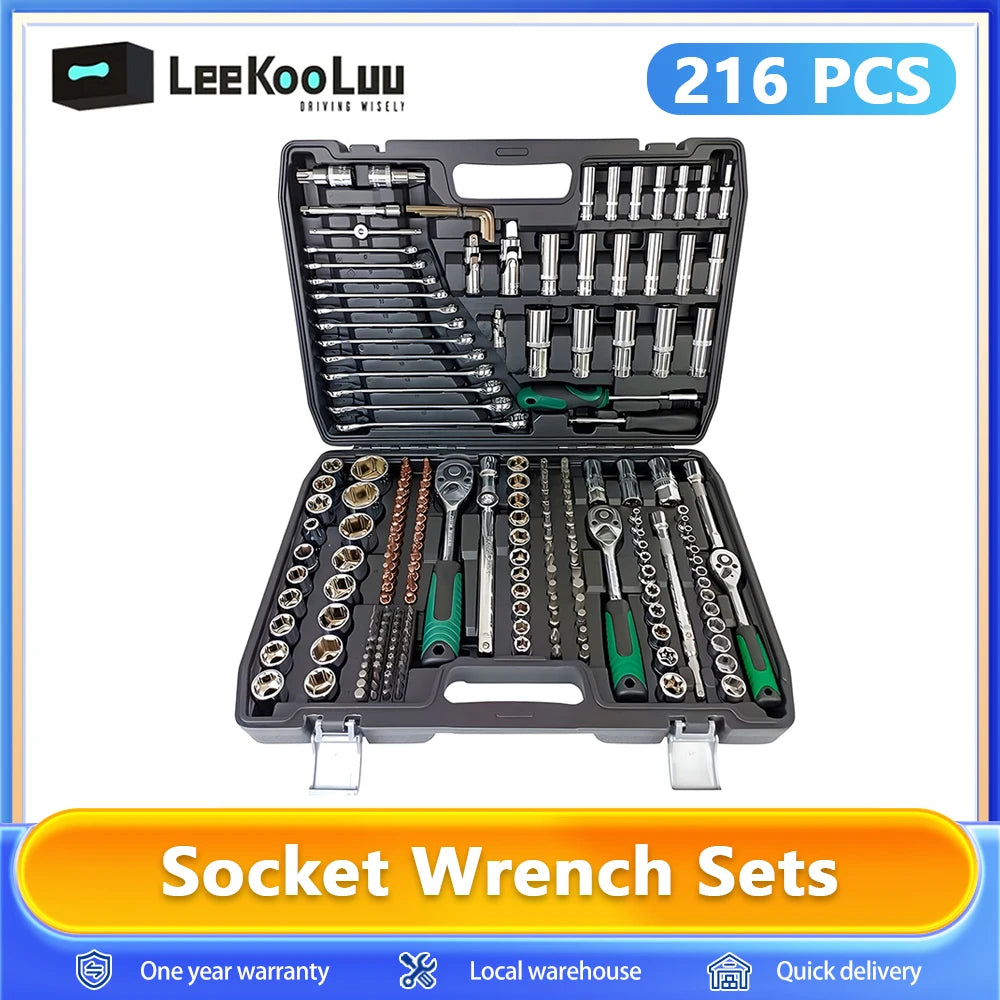 Leekooluu 216PCS 1/4" 3/8" 1/2" Socket Wrench Set with 24-Tooth Ratchet Wrench for Automotive Motorcycle Repair & Household