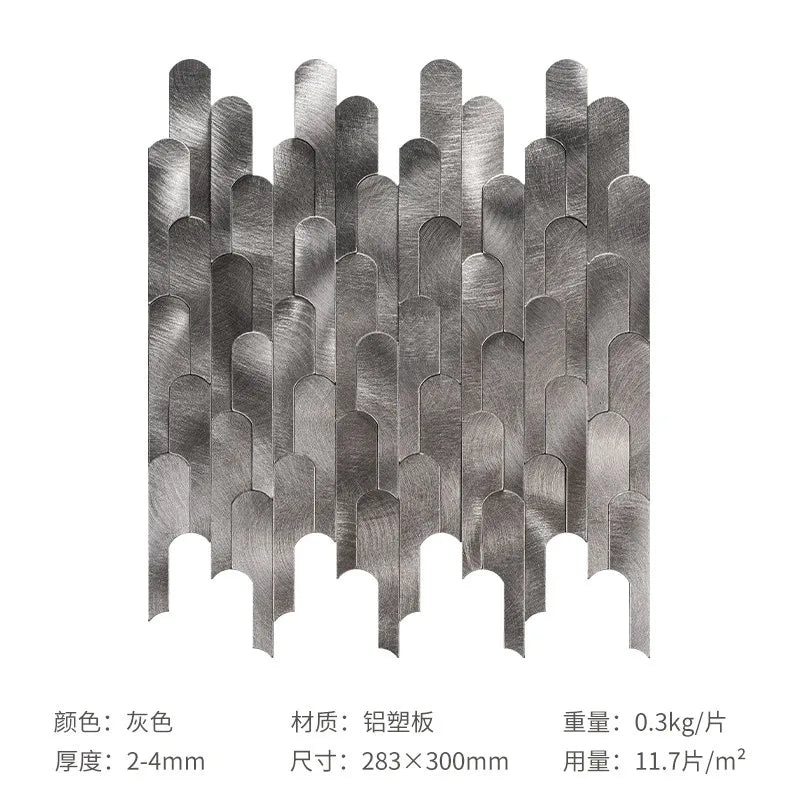 Metal mosaic peel-and-stick wall sticker strip with 3D arch tile pattern, silver-gray finish