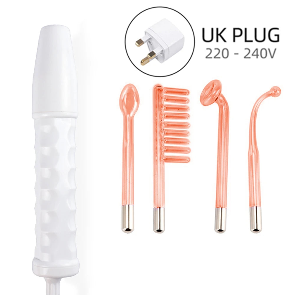 Portable high-frequency facial wand with white handle, four glass electrode attachments, and a UK plug adapter.