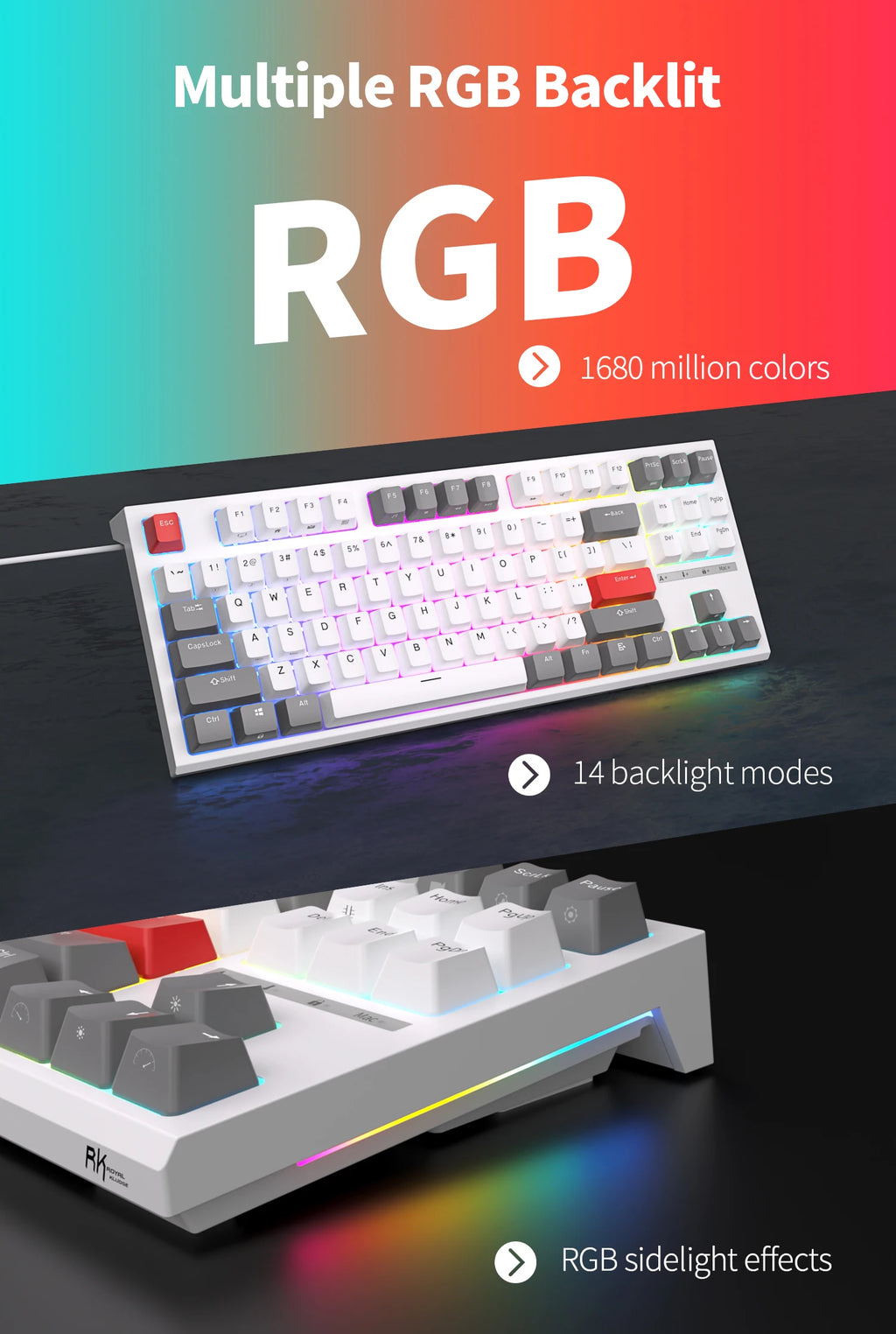 RK ROYAL KLUDGE R87 Wired Brazilian Gamer Keyboard 87 Key RGB Backlit Hot-swappable Mechanical Keyboard Customised Keycaps