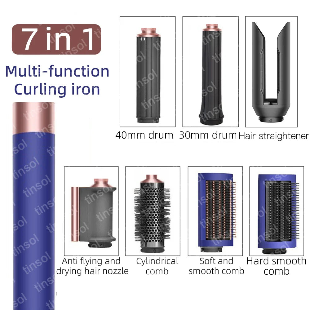 7-in-1 blue and rose gold high-speed hair dryer with styling attachments for curling, straightening, and drying hair.