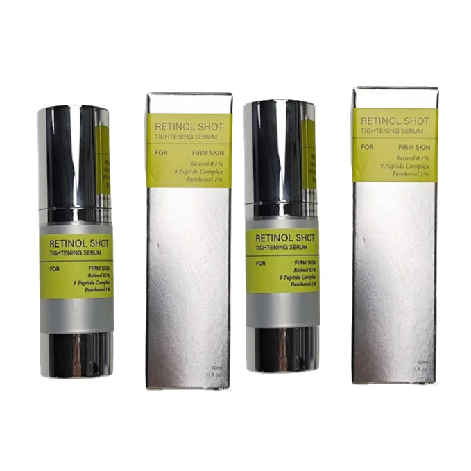 Retinol Shot firm skin serum bottles with matching white cartons and green labels