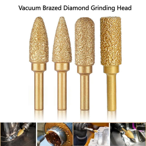 Gold brazed diamond grinding heads with 6mm shanks, tapered tips (4-pack)