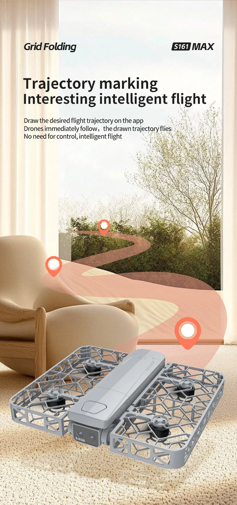 S161 MAX light gray folding drone with protective grid frames for indoor flight and app-based trajectory control.