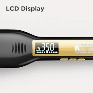 KIPOZI professional flat iron featuring black and gold design with digital LCD display showing 350F temperature setting.