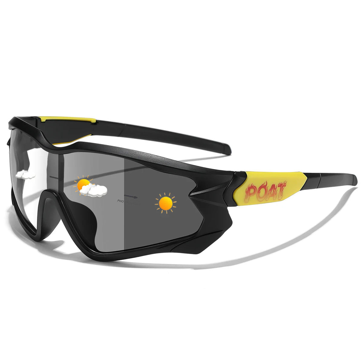 Photochromic cycling sunglasses, black frame with yellow temple accents and gray lenses.