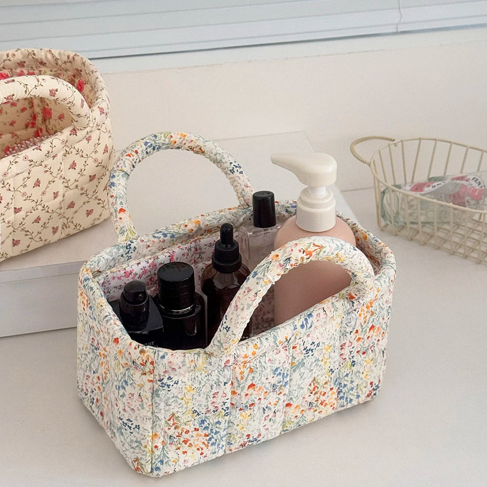 Airfriend Cute Pink Flower Organizers Basket With Handle Home Room Quilted Foldable Storage Basket For Pet Toys Organizer Basket