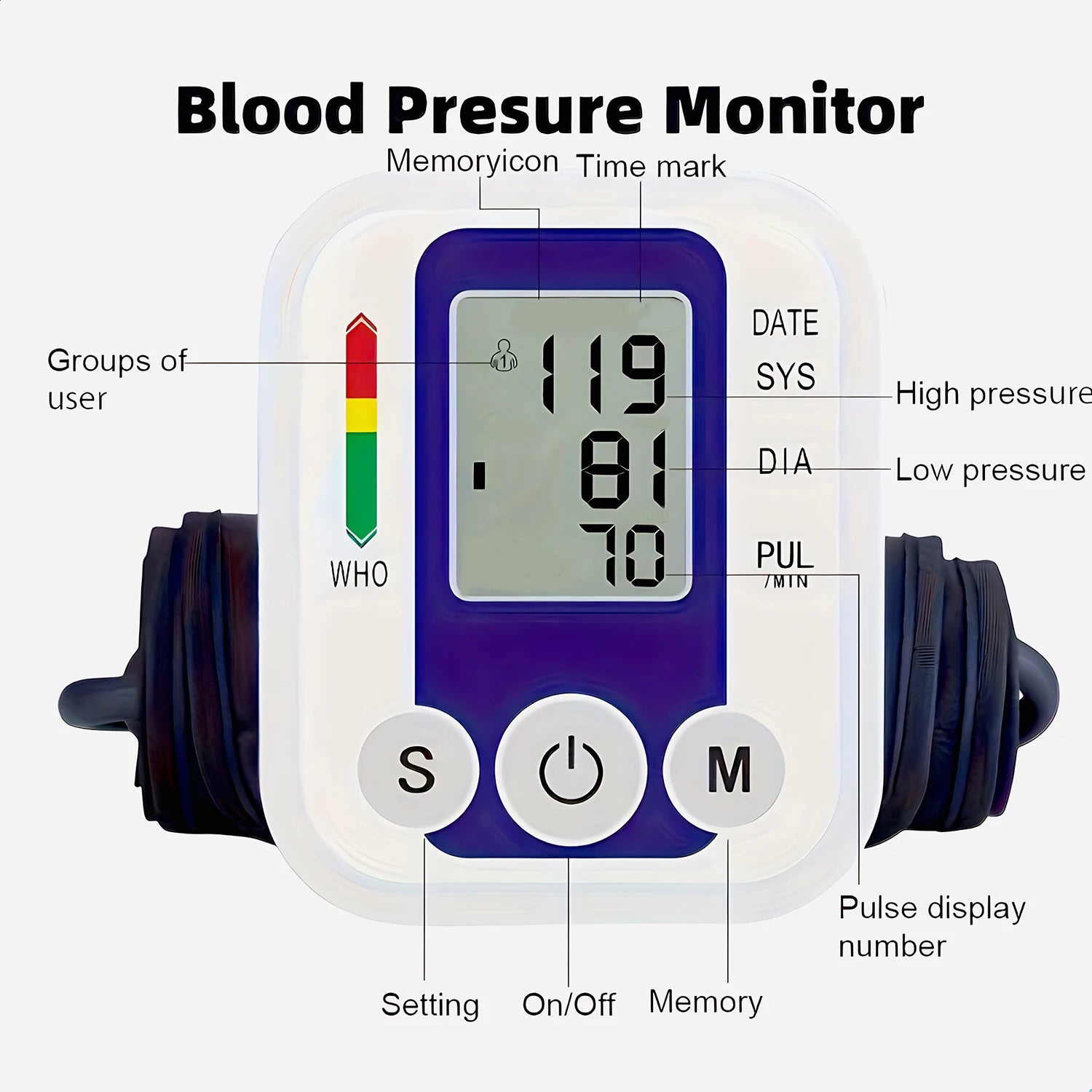 Portable Digital Upper Arm Blood Pressure Monitor 32cm Large Cuff Medical Heart Rate Tensiometer