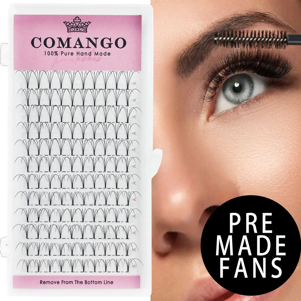 Tray of black faux mink Russian volume lash fans next to a close-up of a person with applied lashes and a mascara wand.