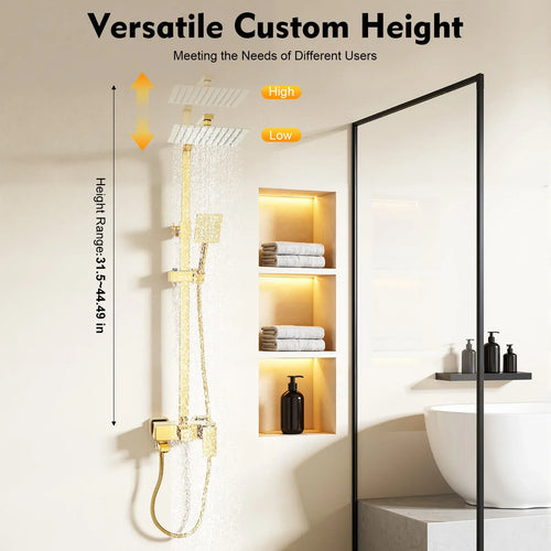 Gold adjustable shower column with rain head, handheld sprayer, and vertical mounting rail