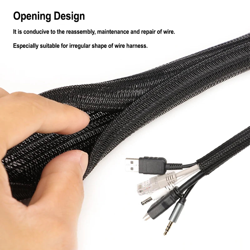 Black PET self-closing cable sleeve for pet-proof wire protection. Heat-resistant, split design for easy cord management.