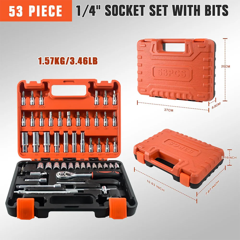 Podofo 53Pcs Ratchet Wrench Tool Set with Sockets 1/4 inch Drive Bit Socket Set Grade Chrome Vanadium Mechanics Tool Auto Repair