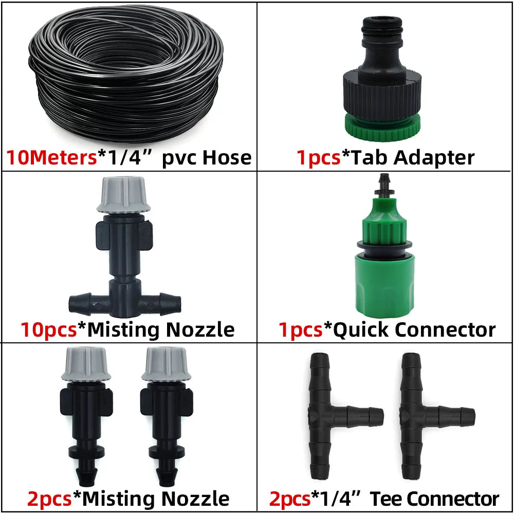 Misting kit with 10m 1/4 PVC hose, misting nozzles, quick connector and tees