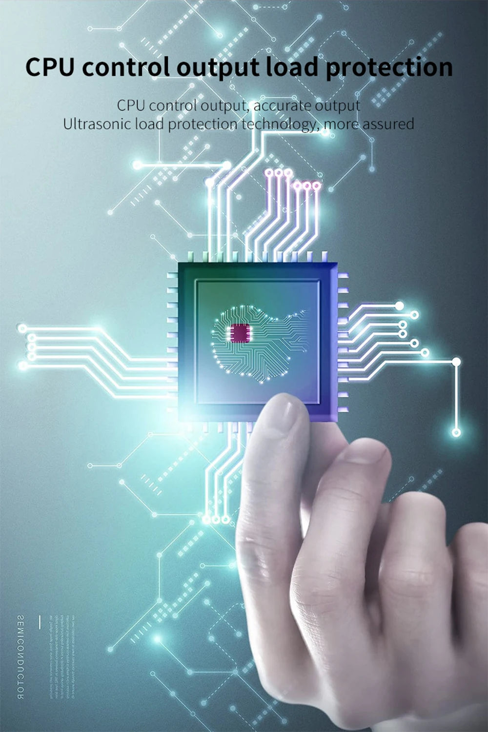 Hand holding a microchip for ultrasound physiotherapy device, showing CPU control for pain relief and load protection.
