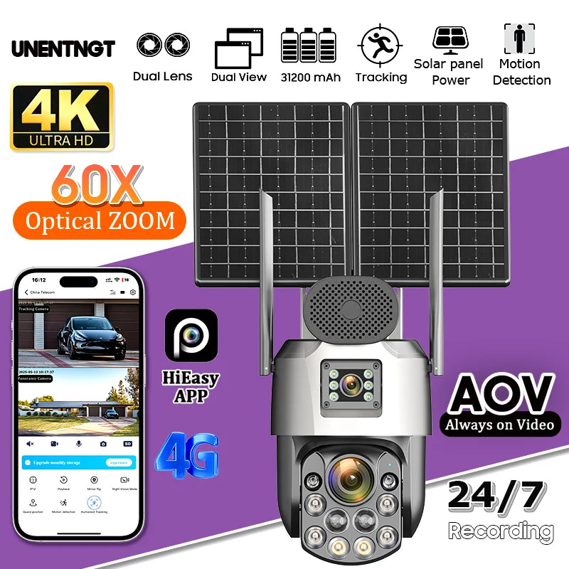 AOV 24/7 Recording Solar Cameras 60X Optical Zoom Dual Lens Surveillance 4G/eSIM Outdoor AI Human Tracking Security PTZ Camera