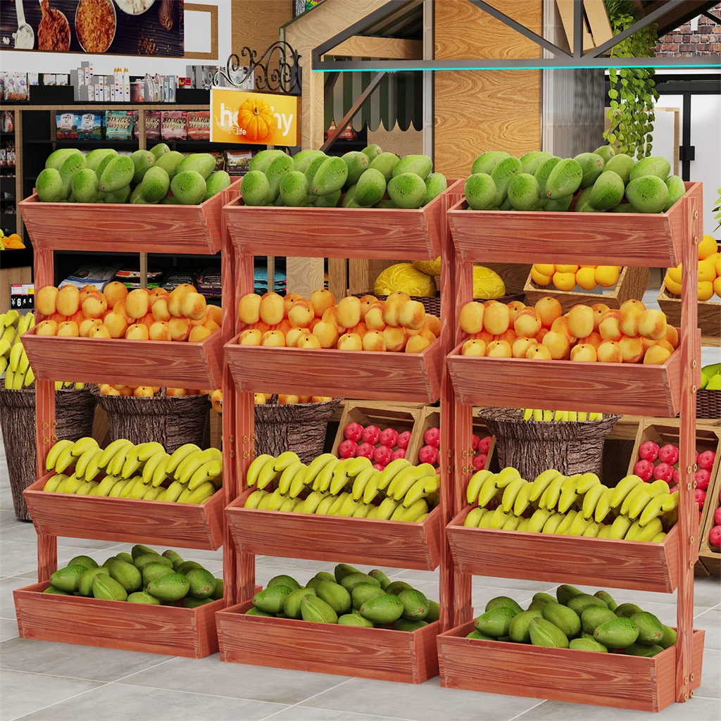 4-tier raised wooden planter box, reddish brown, filled with assorted vegetables in tiers
