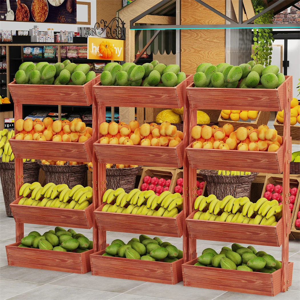4-tier raised wooden planter box, reddish brown, filled with assorted vegetables in tiers