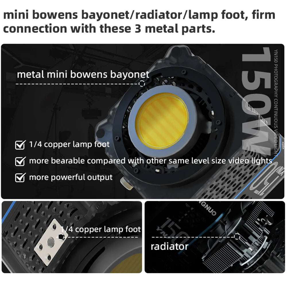 150W studio video light featuring a metal mini Bowens mount, copper 1/4-inch tripod mount, and cooling radiator.