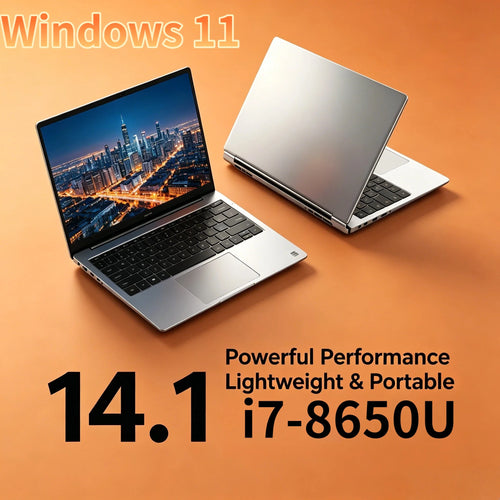 Silver 14.1-inch ultra-slim laptop with black keyboard, thin bezels, side ports, and open and closed views.