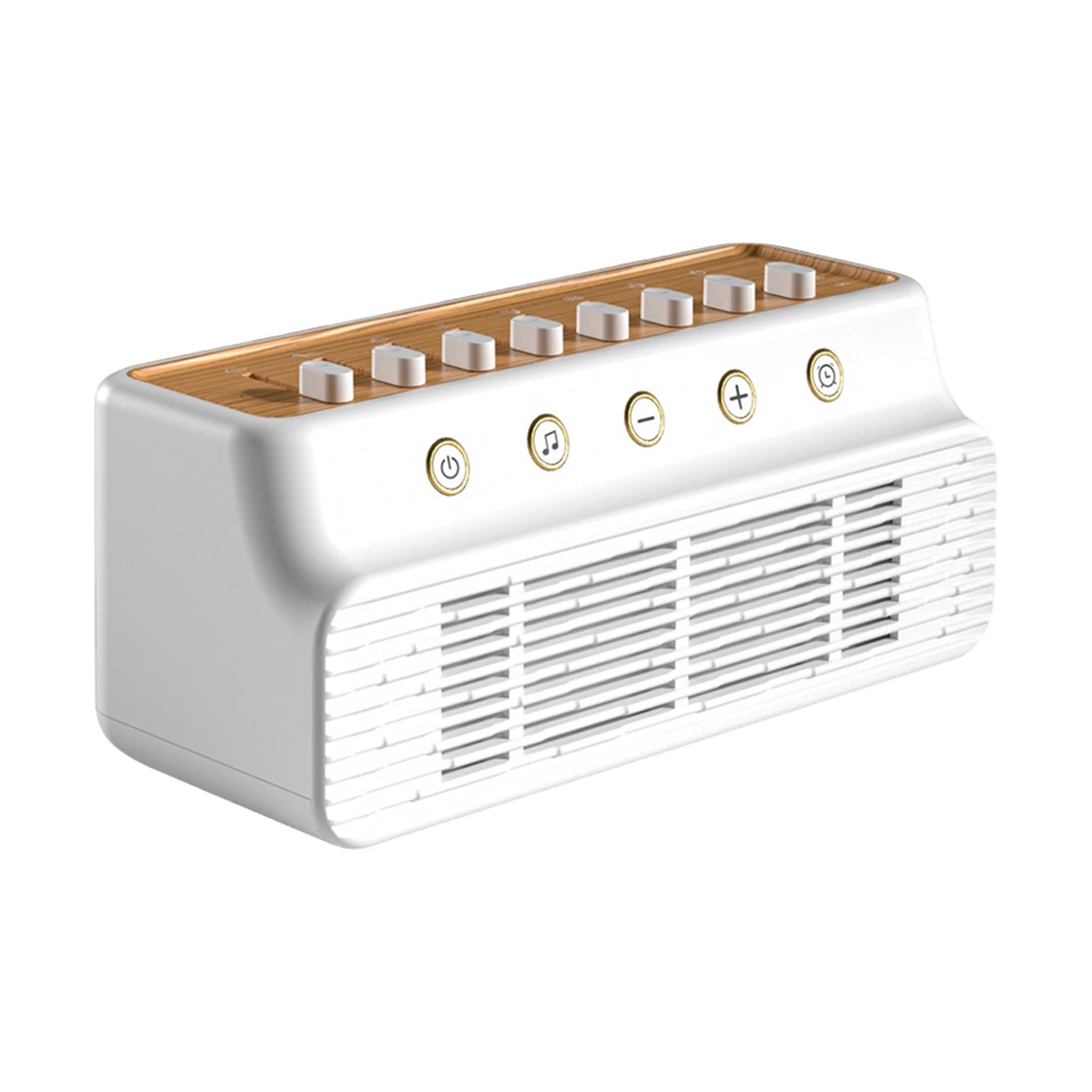 White noise machine for sleep in white with wood trim, featuring top adjustment buttons and front control icons.