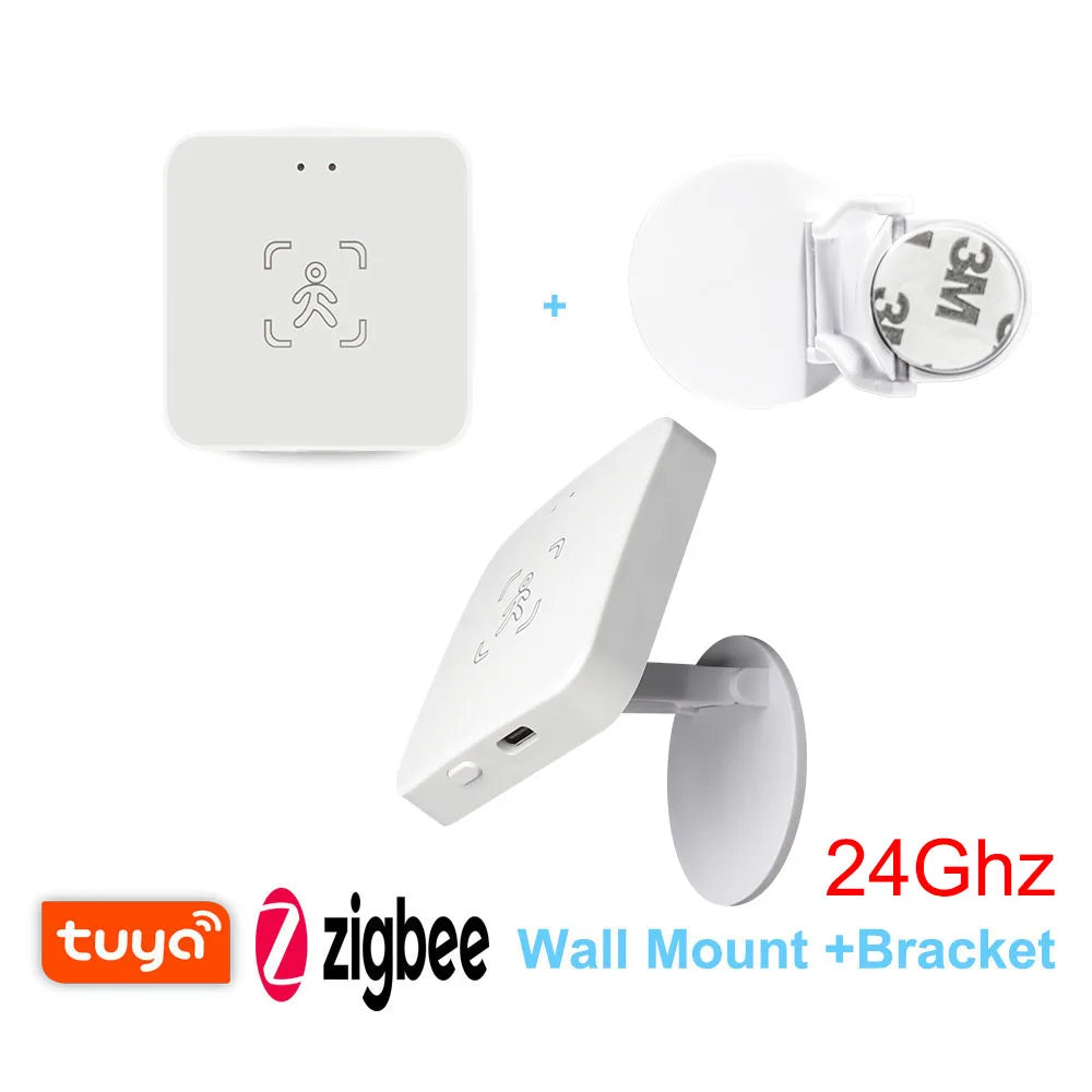 White square Tidesmit 24G human presence sensor with wall mount bracket and 3M adhesive backing, Tuya and Zigbee logos.