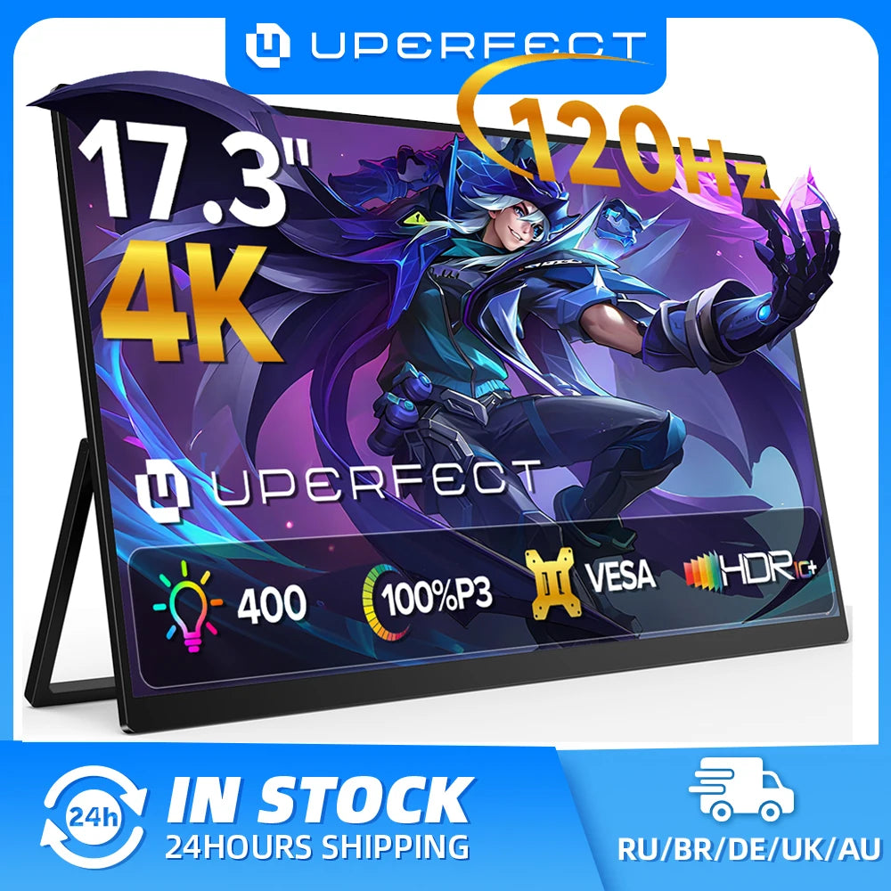 UPERFECT 17.3" 4K Portable Monitor 400Nits 100%DCI-P3 1MS FreeSync 120Hz Gaming Display with Type C Mini HDMI For Lapto PC Phone