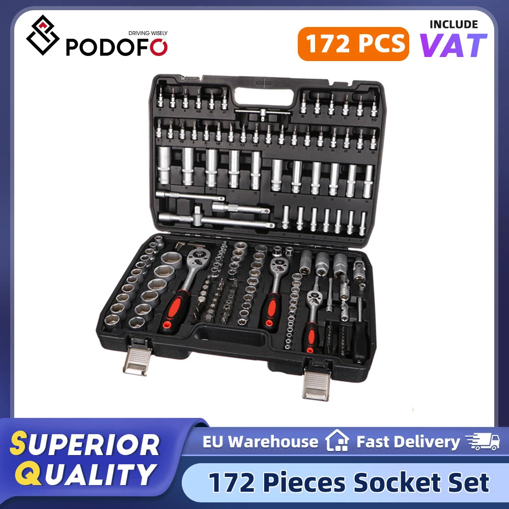 Podofo 172-Piece Comprehensive Socket Wrench Set 1/4" 3/8" 1/2" Drive Bits Kit With Storage Carrying Case for Auto Repair