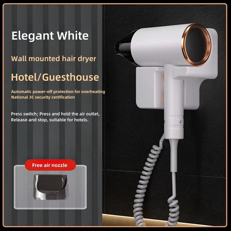 White wall-mounted hotel hair dryer with nozzle attachment, coiled cord, and automatic safety power-off protection.