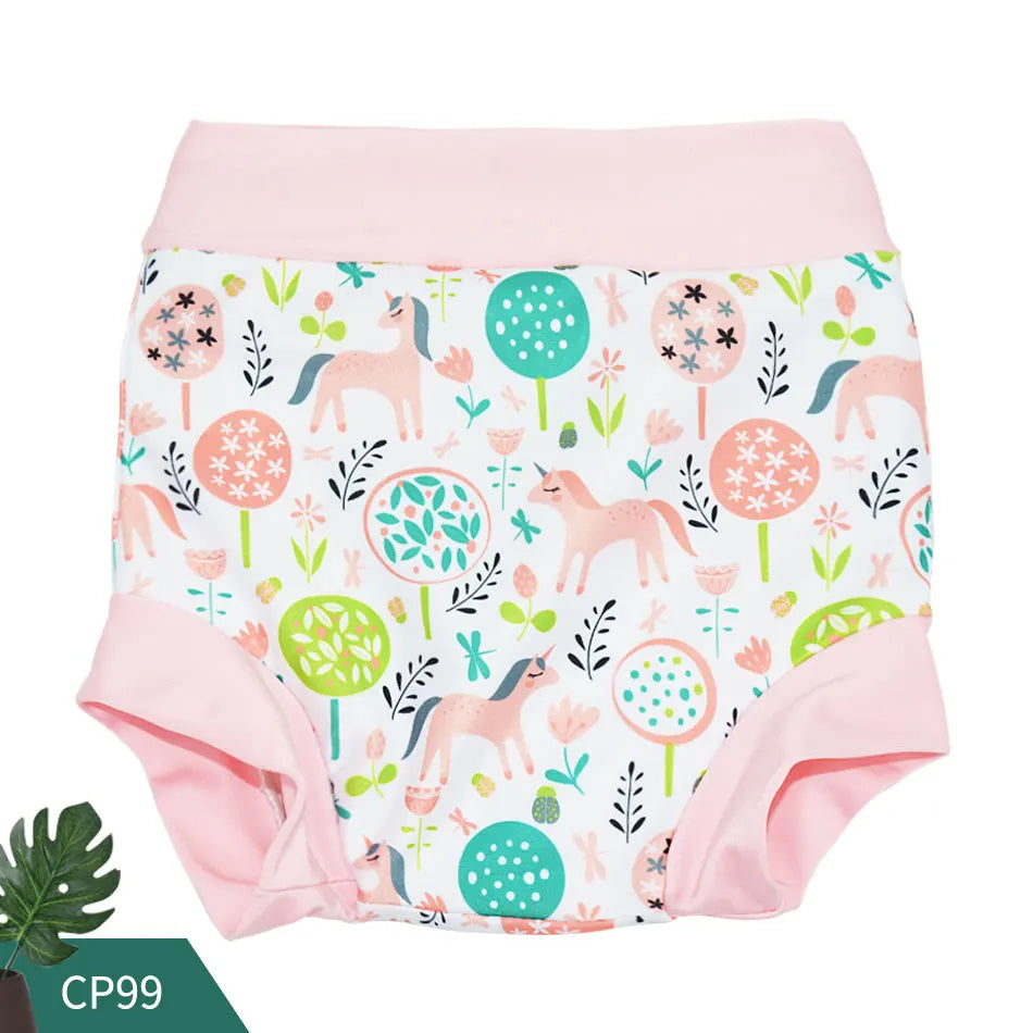 Reusable baby cloth diaper cover with pink trim and cute unicorn and forest print, model CP99.