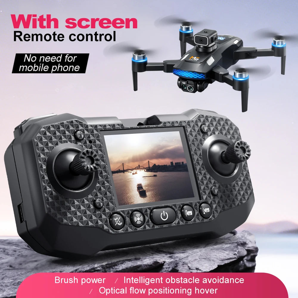 Black foldable camera drone with blue LED lights and a handheld controller featuring a built-in display screen.