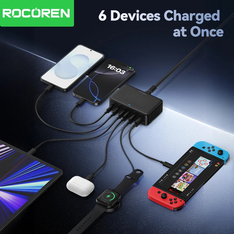 Black rectangular Rocoren 100W GaN desktop charging station with six ports simultaneously charging multiple devices.