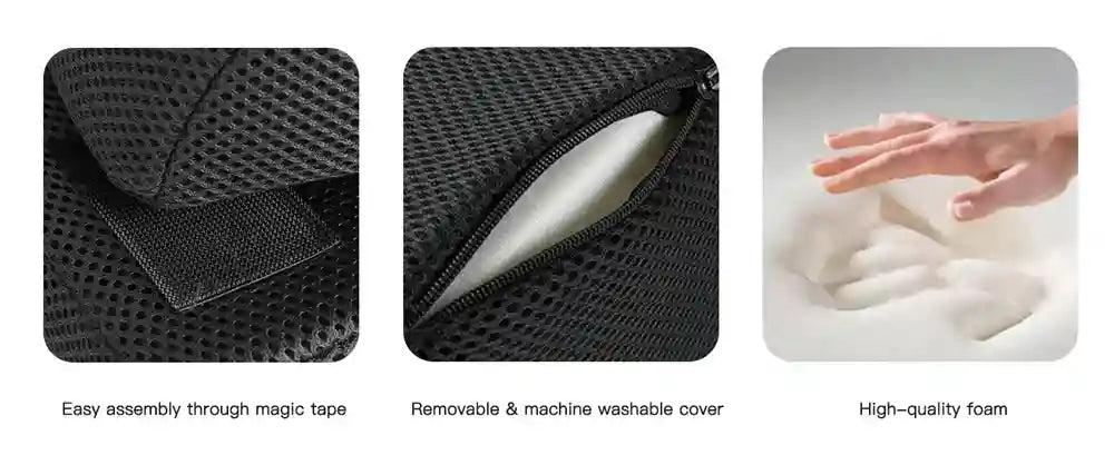 Adjustable memory foam foot rest with washable mesh cover and hook-and-loop fasteners for office desk ergonomics.