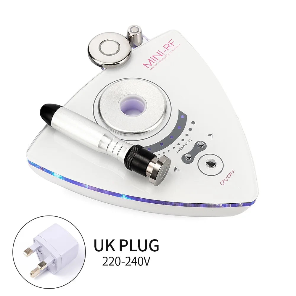 White triangular mini RF beauty device with metal probe, intensity controls, and UK power plug.