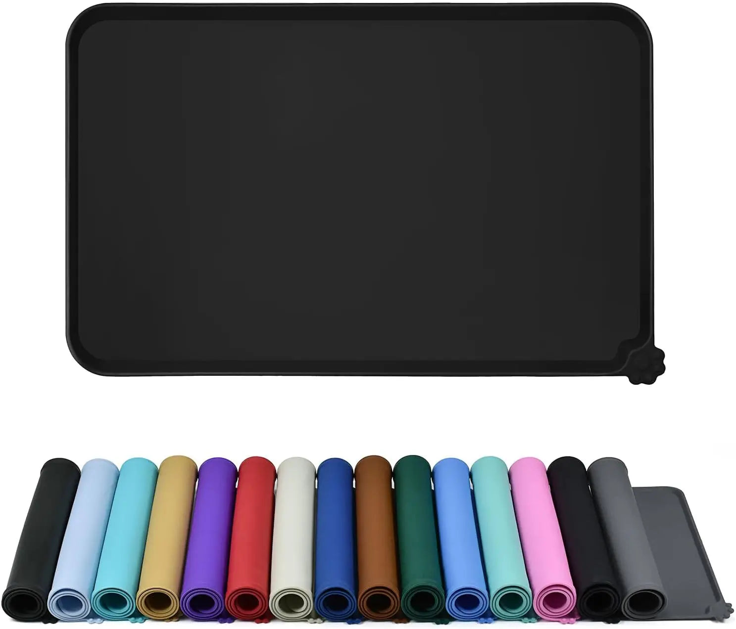 Waterproof silicone pet feeding mat with raised edges for spill-proof dog and cat food bowls. Durable, non-slip base.