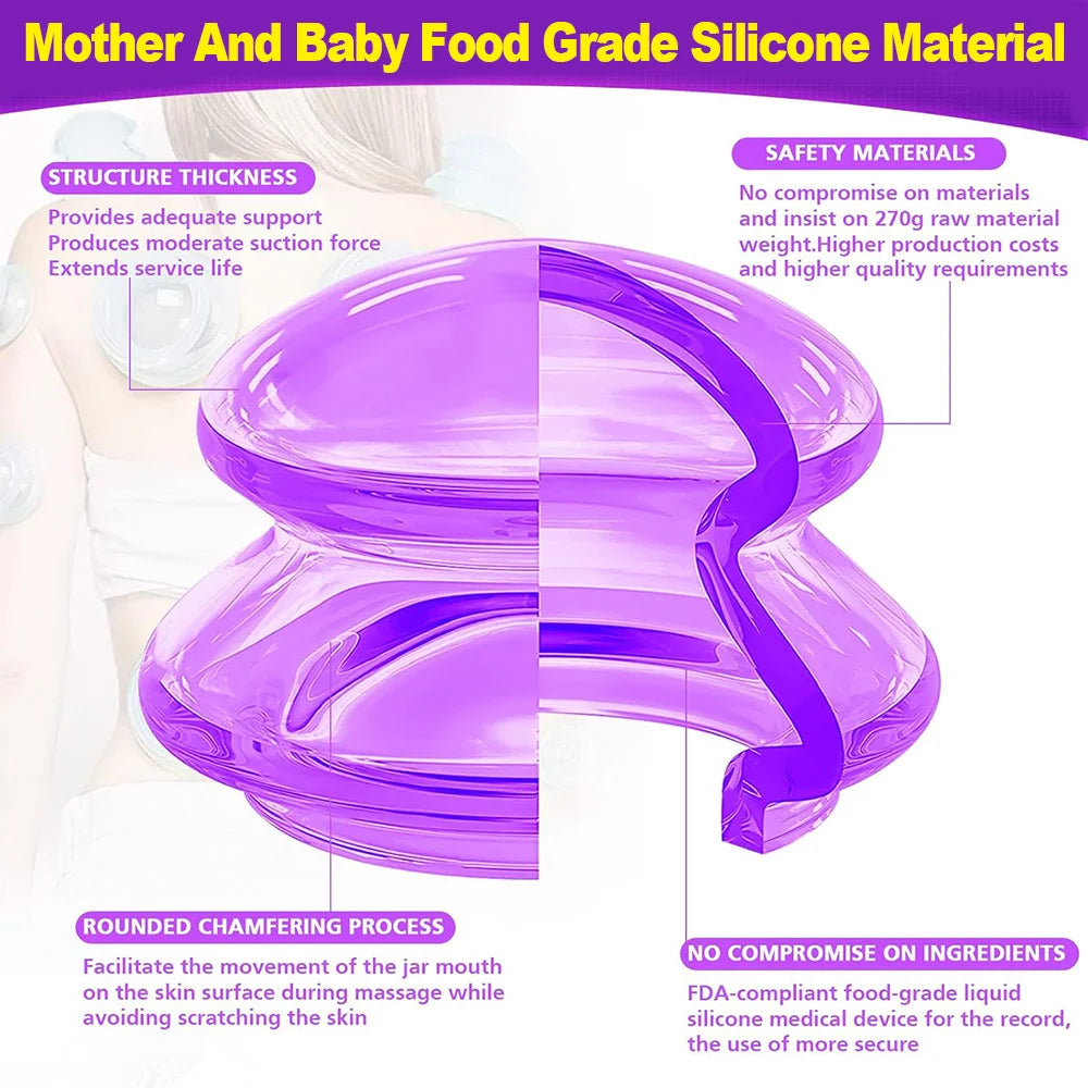 A large, translucent purple silicone massage cupping device with rounded edges shown in a technical product diagram.