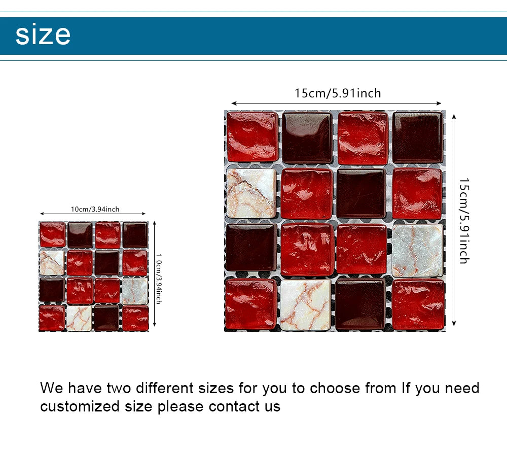 10pcs Flat Mosaic Style Tiles Sticker Kitchen Bathroom Waterproof & Oilproof Art Wall Sticker Peel & Stick Surface Glossy Film