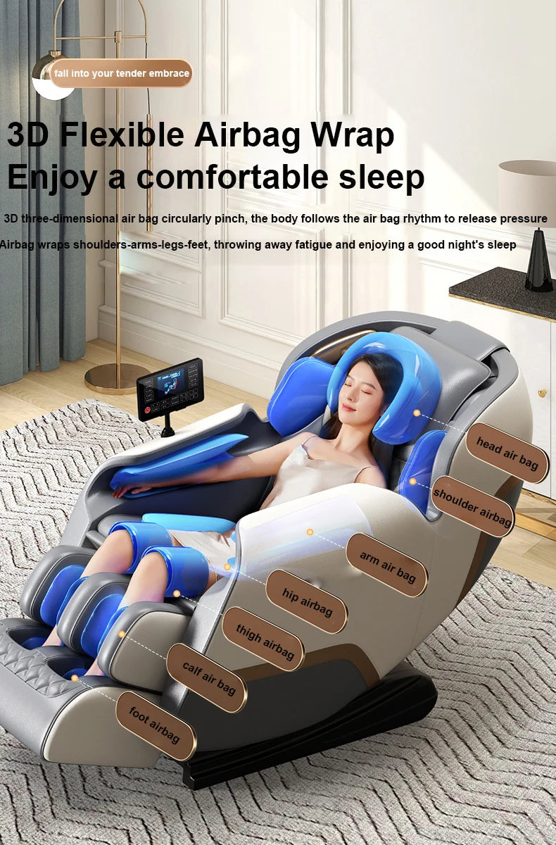 Gray airbag shiatsu massage chair with headrest wrap and side control screen