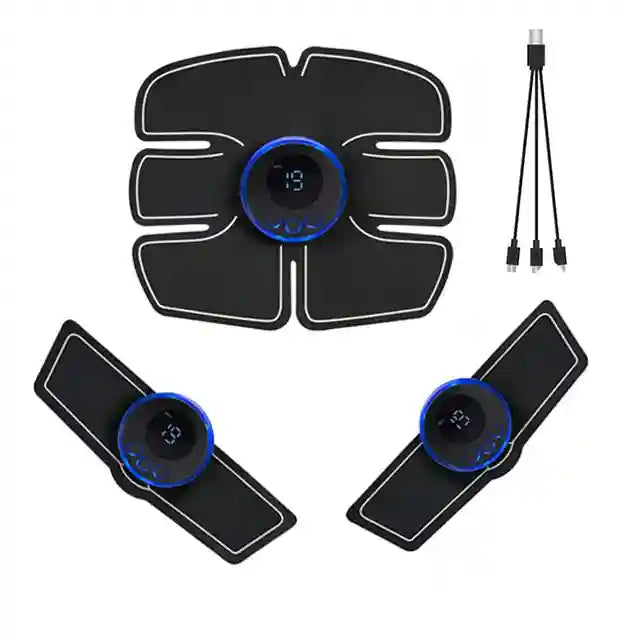 Black EMS muscle stimulator set with three pads, round blue digital displays, and a 3-way USB charging cable.