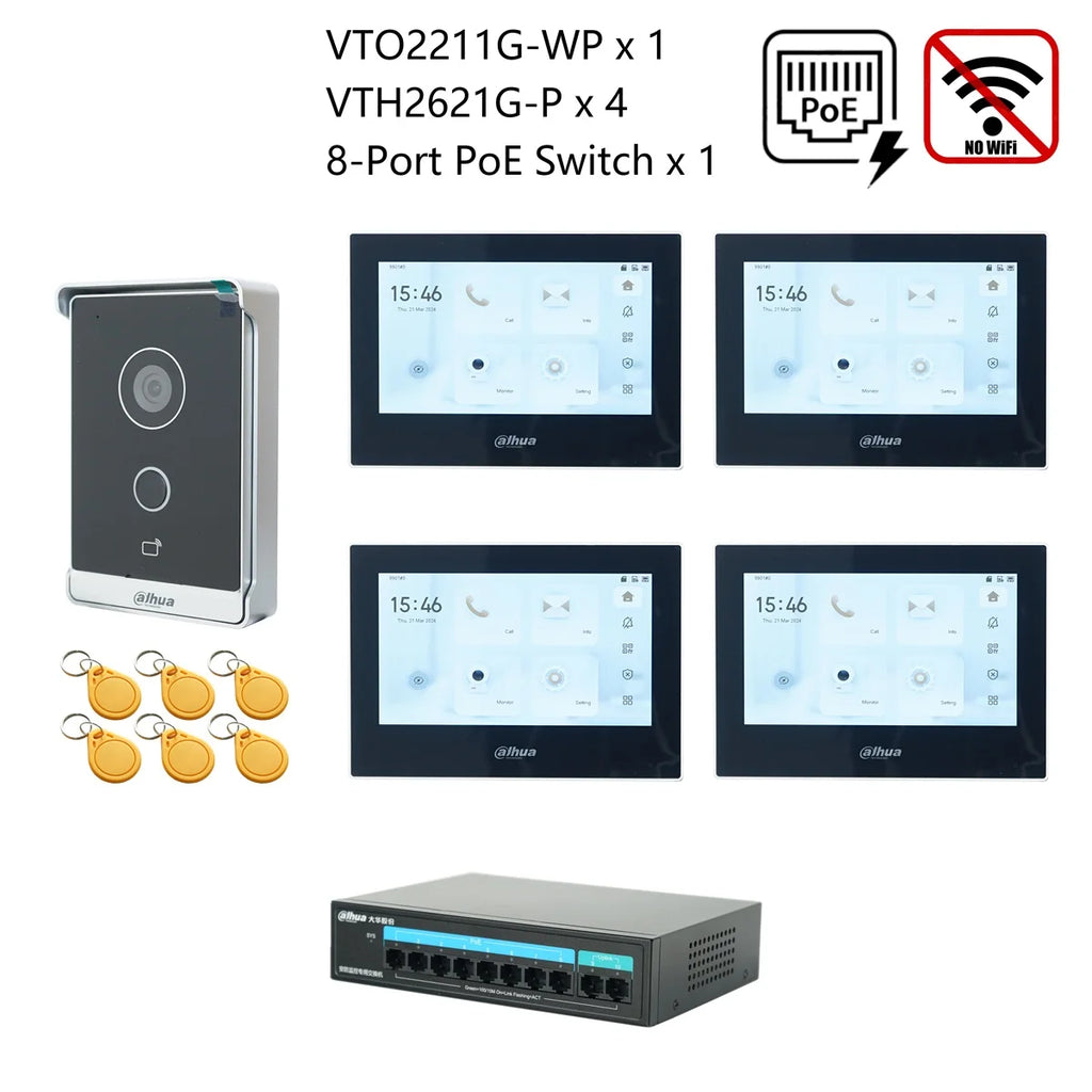 Dahua original IP Video Intercom KIT,VTO2211G-WP & VTH2621G-P & PoE switch,support phone app, RFID Card Unlock