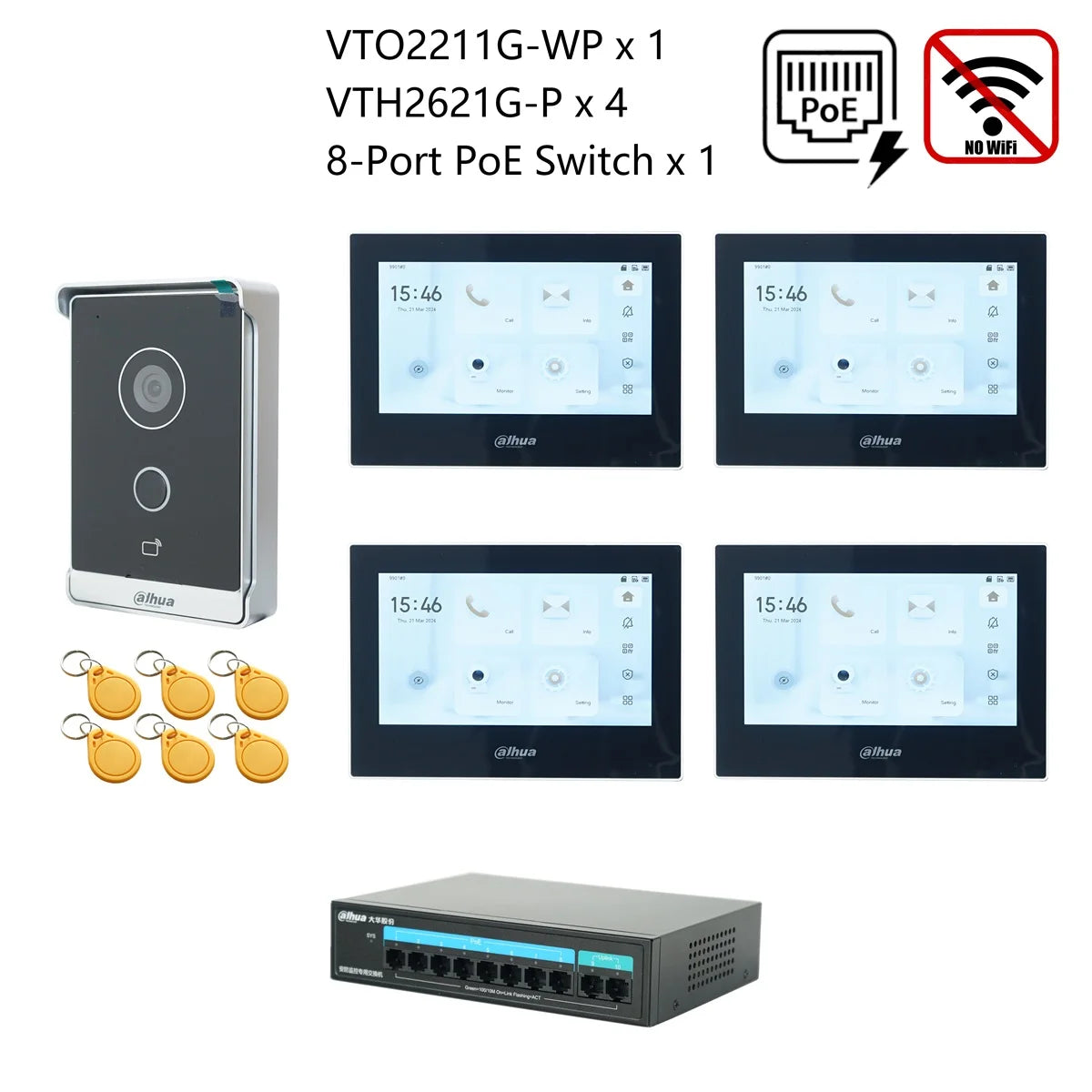 Dahua original IP Video Intercom KIT,VTO2211G-WP & VTH2621G-P & PoE switch,support phone app, RFID Card Unlock