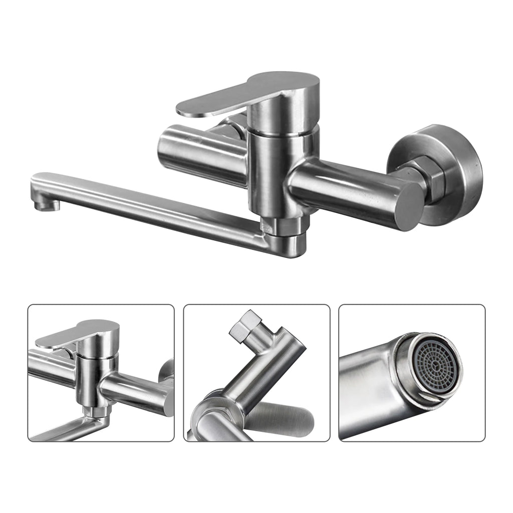 Silver Wall-Mounted Stainless Steel Rotatable Kitchen Faucet 360° Single Handle Hot and Cold Water Faucet For Both Homes Etc