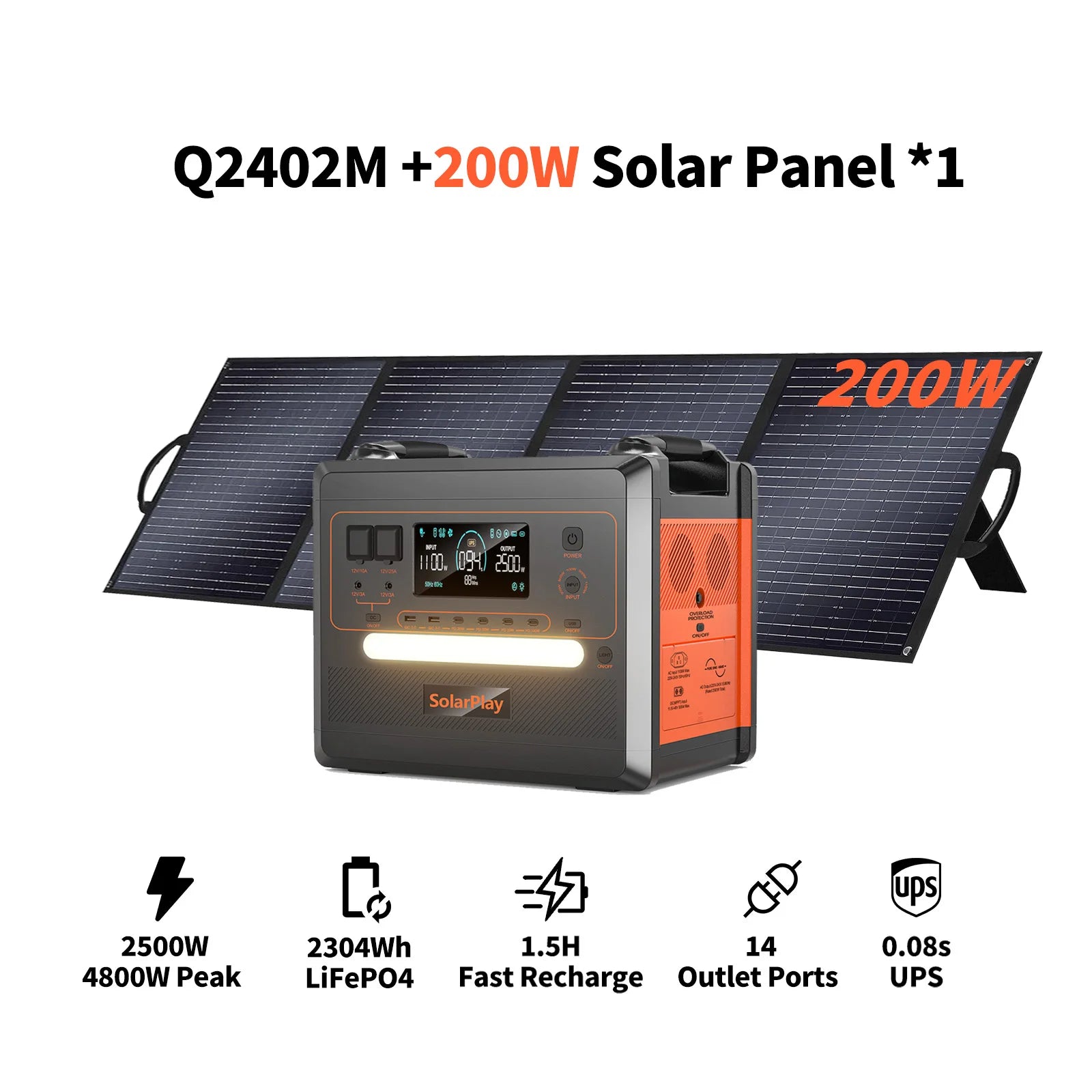 SolarPlay 2304Wh LiFePo4 Battery Solar Generator 2500W Solar Portable Power Station 0.08s Seamless UPS Function Support AC up to 2400W output, Support solar panels for charger,used for refrigeration fans, refrigerators, air c