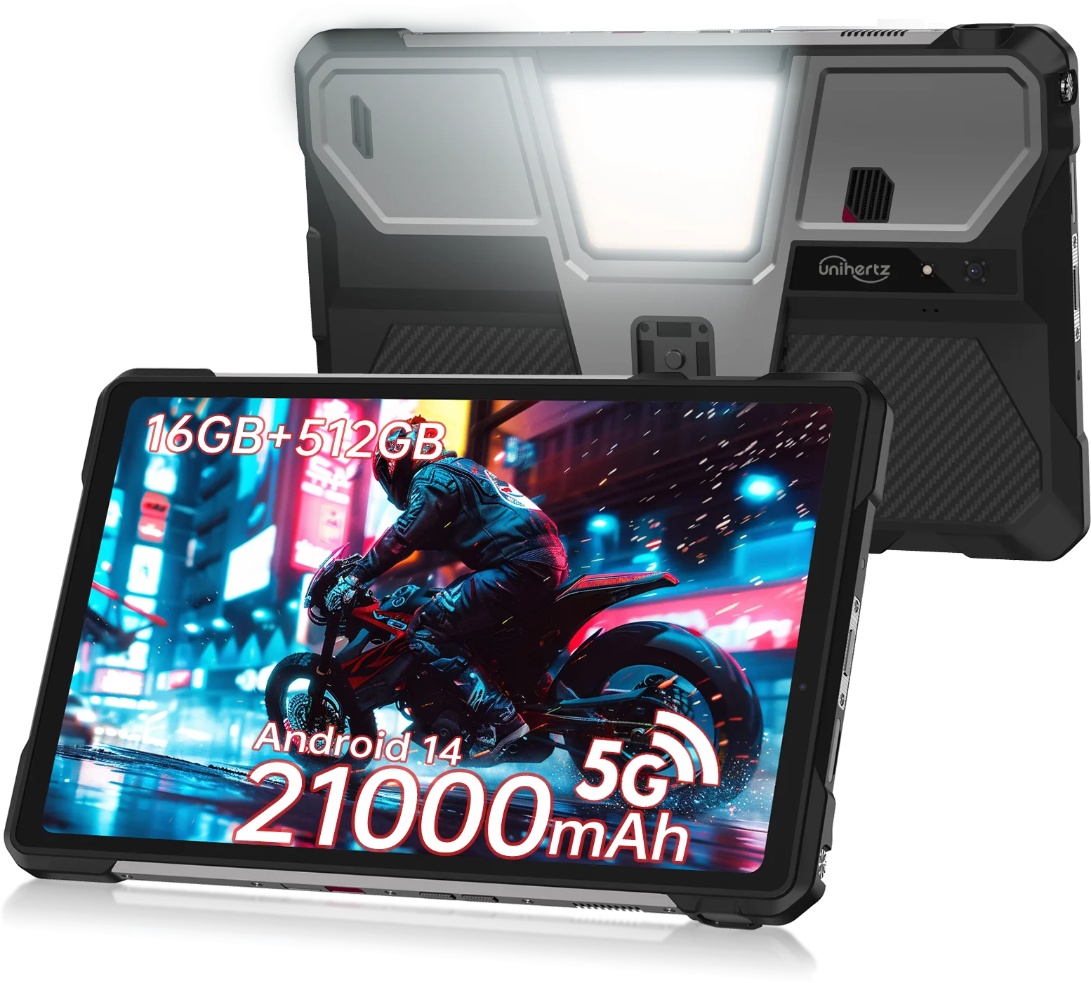 Unihertz Tank PAD 8849: Rugged Android tablet with projector, 21000mAh battery, 5G, and 16GB+512GB storage. Black/gray.