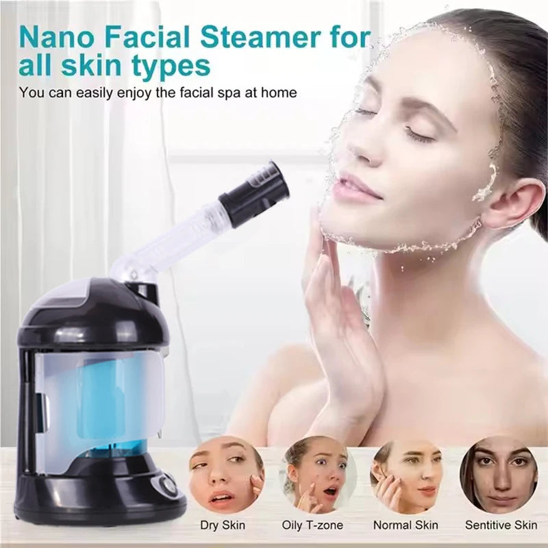 Black portable nano facial steamer for home spa pore cleaning, deep moisturizing, and misting for all skin types.