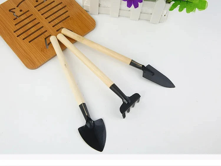 3 Pcs Plant Potted Bonsai Tool Gardening Kit Shovel Flower Pot Mini Spade Rake Wooden Handle Balcony Planting Tools