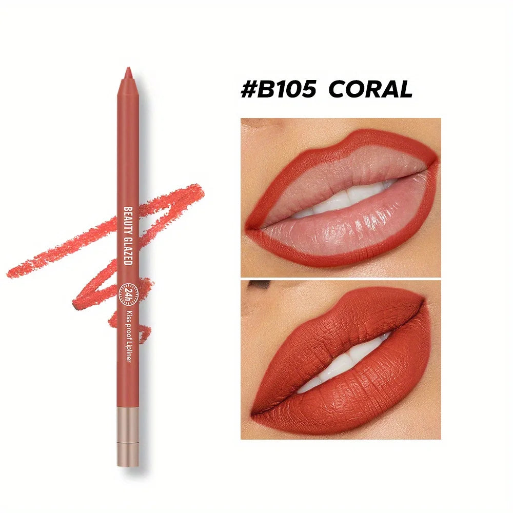 Beauty Glazed B105 Coral matte waterproof lip liner pencil showing high pigment texture and natural lip shaping results.