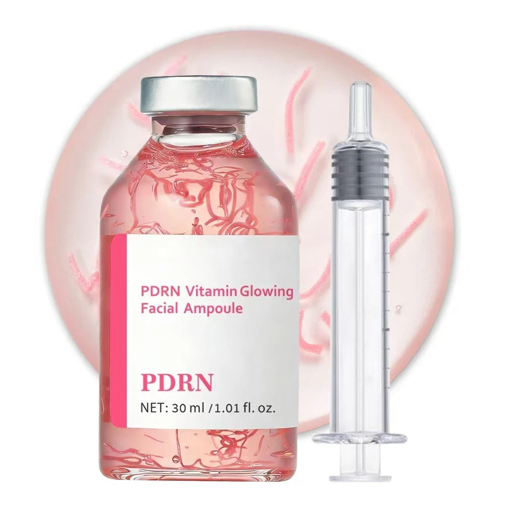 Tidesmit Deep Collagen Essence texture close-up featuring Pink PDRN stem cell ampoule for brightening and hydration