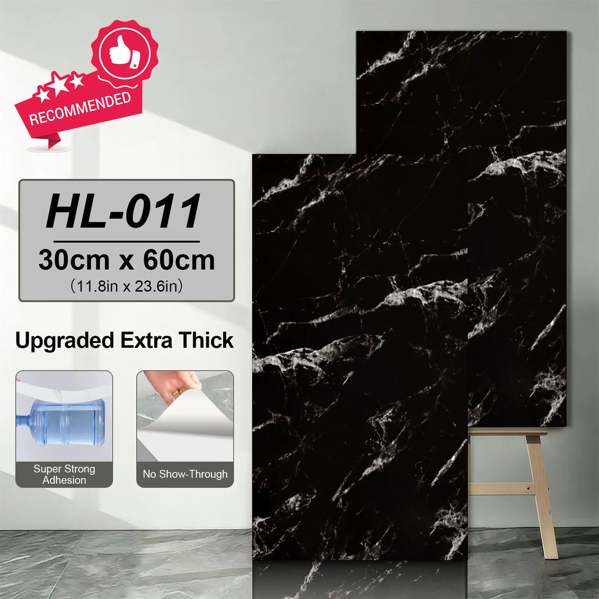 Black marble-look self-adhesive vinyl floor tile stickers with white veining, 30x60 cm.