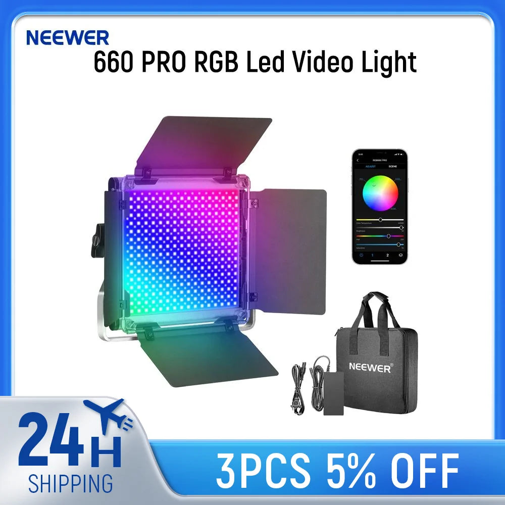 660 PRO RGB LED square video light with adjustable metal barn doors, smartphone control app, power adapter, and carry